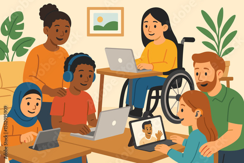 Group of diverse individuals engaged in digital learning together in a friendly environment during daytime