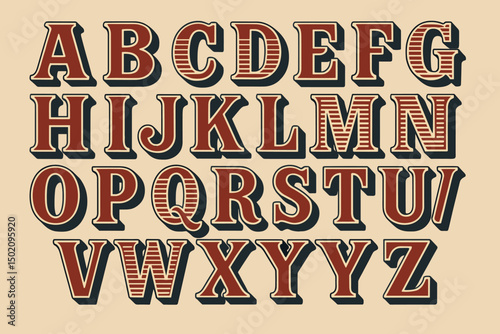 Unique decorative alphabet design featuring bold letters and striped patterns in vintage style from an artistic perspective