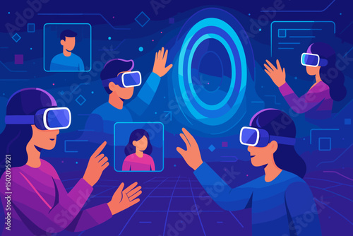 Virtual reality users interacting within a digital space at a tech event