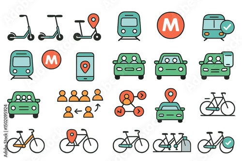 Transport options and symbols in a modern urban setting for commuters exploring various travel methods