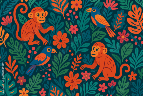Colorful tropical pattern featuring monkeys and birds surrounded by vibrant foliage and flowers in a playful arrangement
