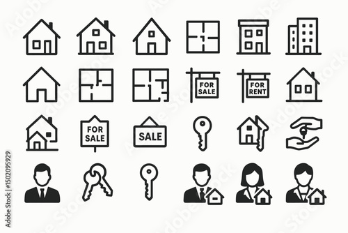 Various icons representing real estate listings, properties for sale, and rental opportunities in a modern design