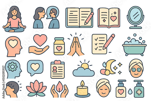Wellness and self-care activities illustrated in vibrant icons showcasing mental health and relaxation techniques