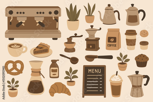 Coffee shop elements featuring drinks, desserts, and equipment in a cozy cafe atmosphere