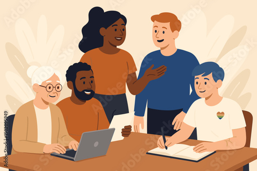 Group of diverse individuals collaborating in a friendly meeting environment during daytime at a workspace