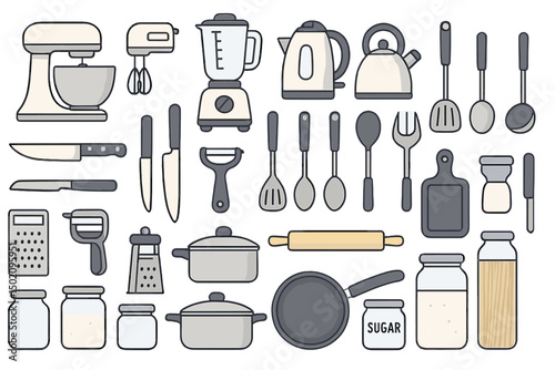 Kitchen utensils and appliances arranged neatly on a white background showcasing everyday cooking essentials for home chefs