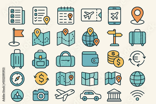 Various travel and navigation icons representing planning, exploration, and adventure on a light background