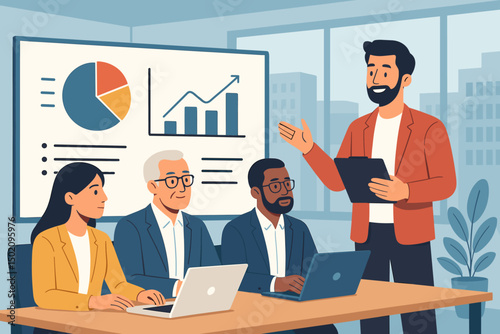 Business team engages in a meeting with data presentation at a modern office in the city during the daytime