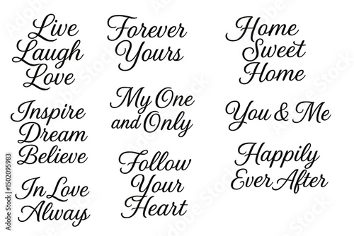 Various handwritten phrases focusing on love, inspiration, and home decor displayed on a white background
