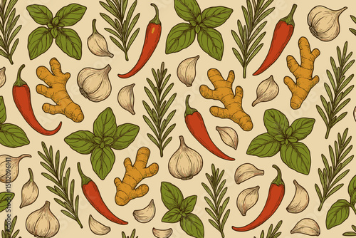 Vibrant pattern featuring fresh herbs, spices, and vegetables in a colorful design