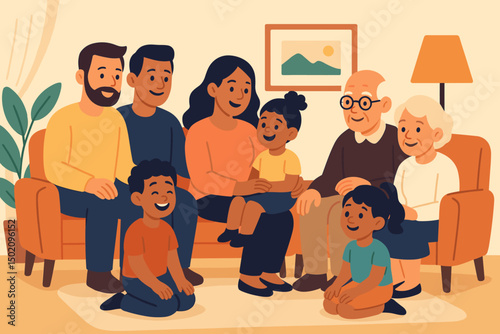 Family gathering in a cozy living room with grandparents, parents, and children enjoying quality time together