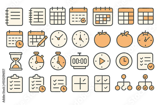 Time management symbols and tools with calendars, clocks, and checklists for effective planning and organization