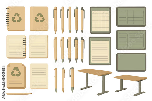 Office supplies for eco-friendly workspace design showcasing recycled materials at a creative organization