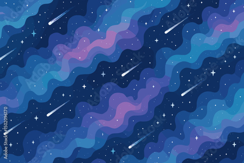 Vibrant cosmic pattern featuring shooting stars and swirling colors in a night sky setting