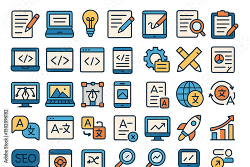 Colorful icons representing digital marketing, programming, and design elements on a simplified background suitable for educational purposes