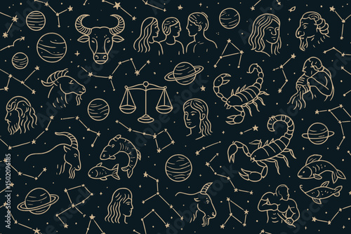 Celestial constellations and zodiac symbols create a vivid tapestry of astrology on a dark background