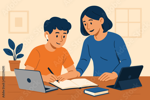 Student receives guidance from a mentor at a cozy study space during afternoon hours