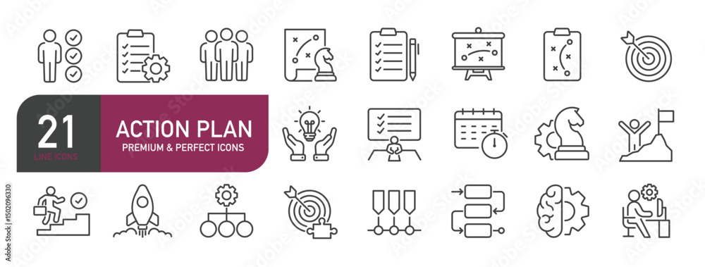 Set of line icons related to action plan, strategy, management, leadership. Outline icons collection. Editable stroke. Vector illustration