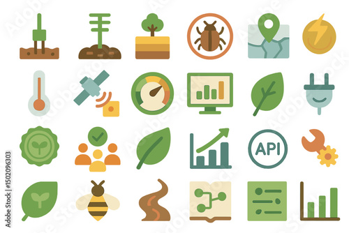 Various icons representing environmental sustainability and technology solutions for agriculture