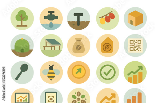 Icons representing sustainable agriculture, eco-friendly practices, and technology in farming