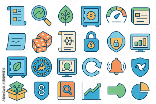 Collection of colorful icons representing business analytics, security, and data management concepts for digital applications