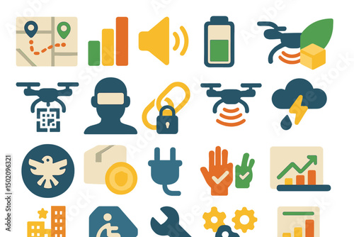 Unique collection of drone and technology icons representing various features and functions in a modern digital environment