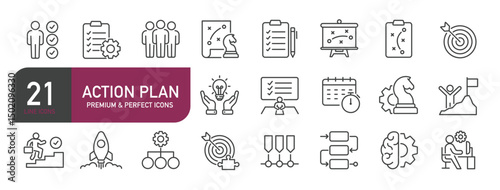 Set of line icons related to action plan, strategy, management, leadership. Outline icons collection. Editable stroke. Vector illustration