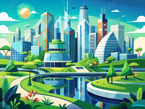 vector of Green urban canopy. A modern city with integrated green spaces, which reflects an environmentally conscious urban design. Skyscrapers and clear sky.