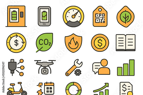 Collection of eco-friendly and technology-related icons depicting sustainable practices and modern innovations