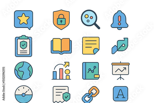 Colorful collection of icons depicting various concepts and activities commonly used in digital communication and data representation