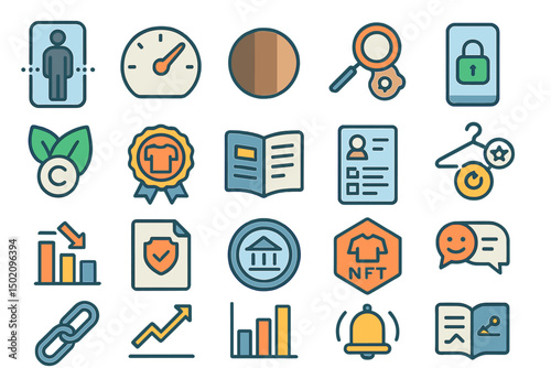 Collection of colorful icons representing digital concepts like NFTs, analytics, security, and user experience