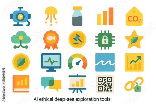 Innovative tools for ethical deep sea exploration featuring AI technology and sustainability icons