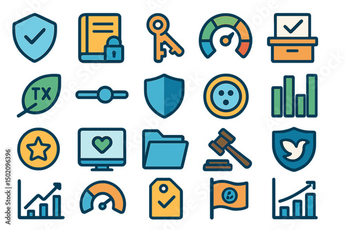 Collection of colorful icons depicting security, technology, and data visualization in a modern design style