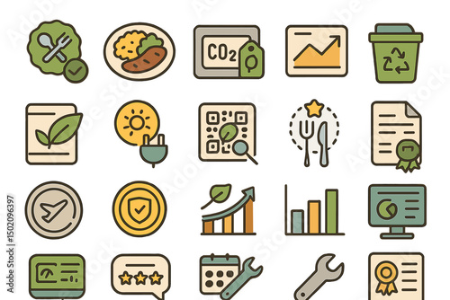 Colorful icons representing sustainable practices in environmental conservation and healthy living