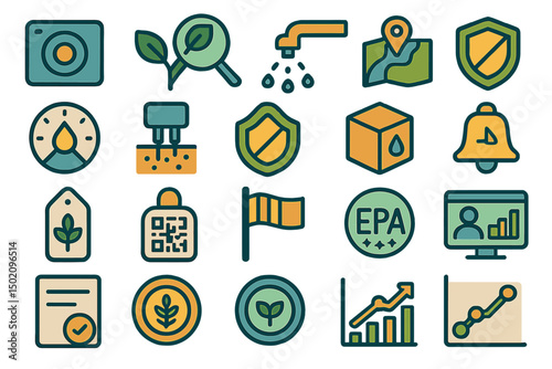 Collection of environmental icons representing sustainability, data tracking, and water conservation practices