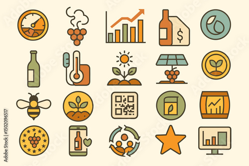 Collection of diverse icons representing viticulture, sustainability, and economic growth in winemaking