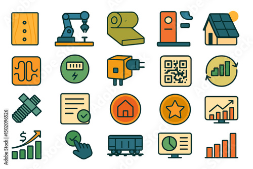 Icons representing technology, energy, and construction concepts in a modern design style