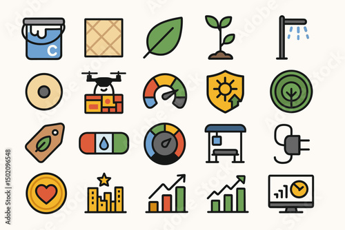 Collection of eco-friendly icons representing sustainability and environmental awareness in modern design