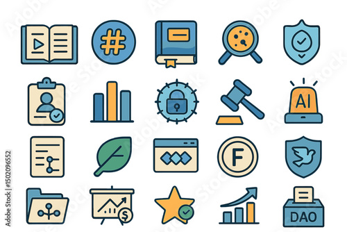 Illustrative icons representing technology, security, and data analysis in modern applications of artificial intelligence