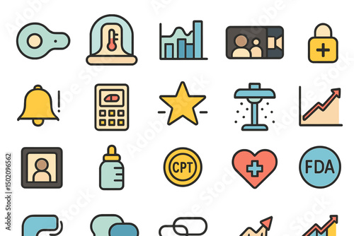 Collection of colorful healthcare and technology icons illustrating various medical concepts and analytics