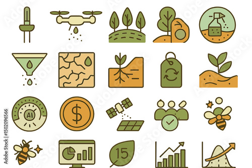 Innovations in sustainable agriculture showcased through various icons and symbols representing technology and nature's balance