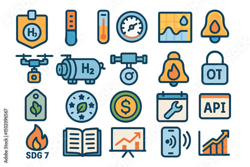 Various icons representing hydrogen energy, sustainability, and innovation for clean technology solutions in modern applications