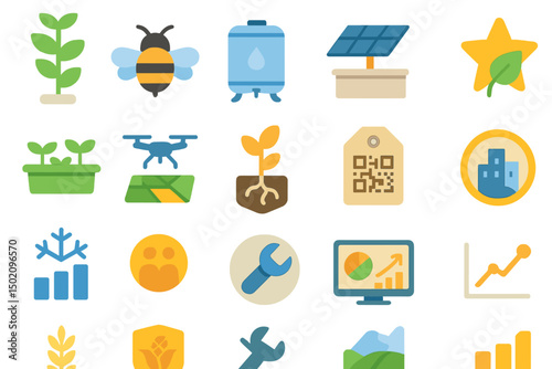 Various icons representing sustainability, agriculture, and technology in a colorful grid layout