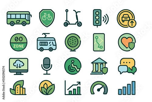 Icons depicting urban mobility and public transport features designed for use in digital applications in a modern city environment