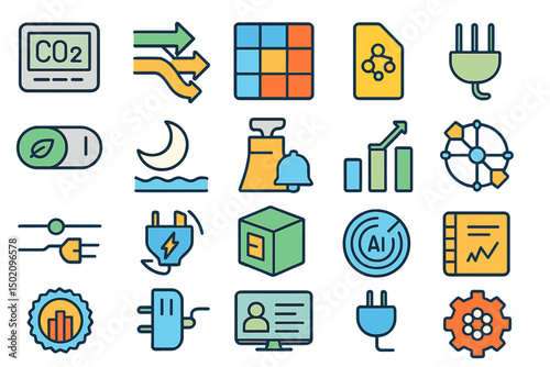 Icon set representing various aspects of sustainability, technology, and data management in modern design