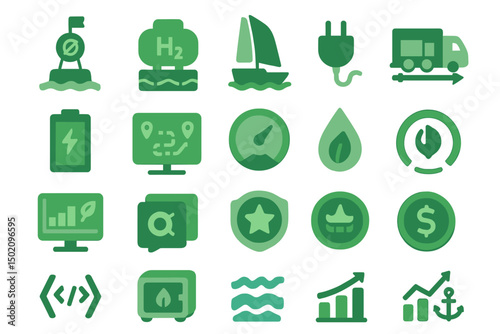 Icons representing sustainable energy, transportation, and technology in green tones for environmental initiatives