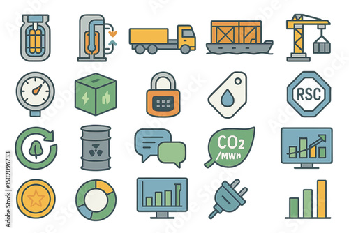 Collection of icons representing sustainable energy, transportation, and environmental concepts with various symbols and graphics