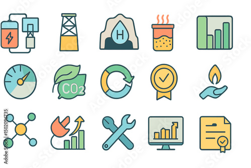 Energy production and environmental icons representing renewable resources and sustainability efforts in modern technology