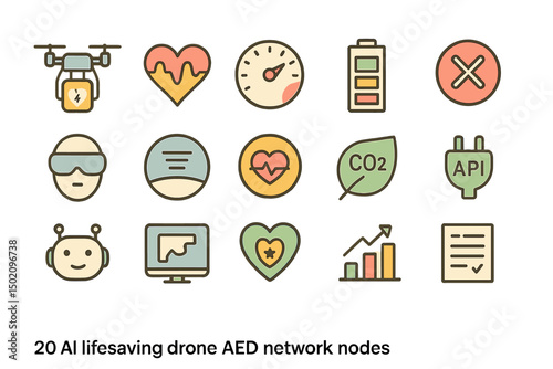 Exploring various AI lifesaving drone AED network nodes illustrated with symbols in a modern design format