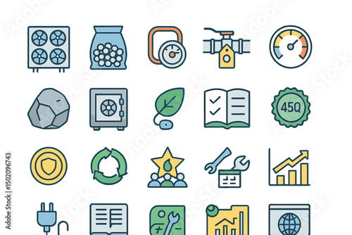 Various icons representing industrial and environmental concepts displayed on a clean background